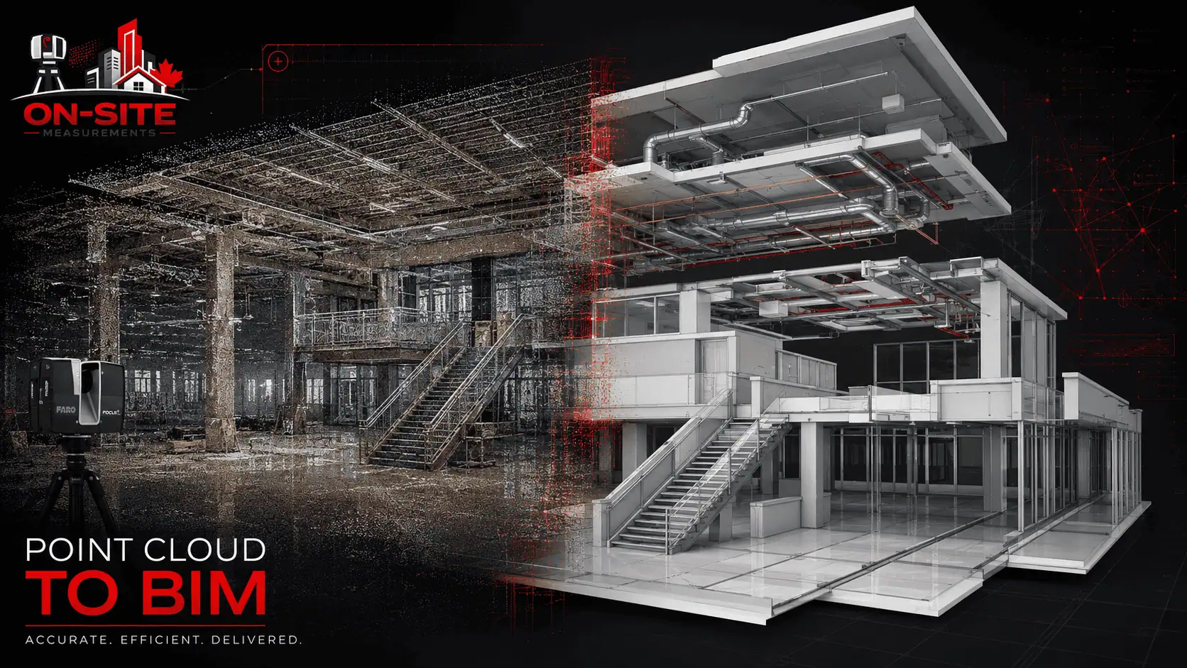 Point cloud data on screen beside the coordinated Revit model built from it (Scan to BIM composite view)